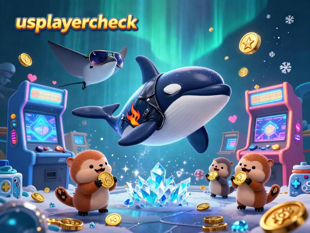 Play at usplayercheck, a vibrant underwater casino scene featuring a whale, stingray, and otters with coins.