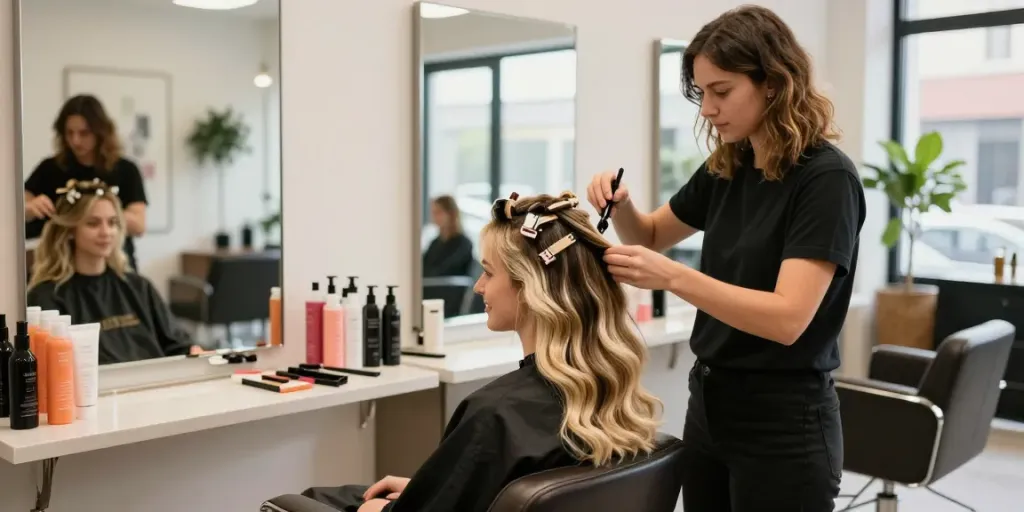 Stylist applying human hair clip ins for a trendy balayage look in a vibrant salon.