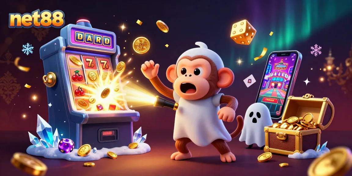 net88 casino illustration reveals a poltergeist monkey juggling gold while being pursued by a curious ghost-hunter puppy.