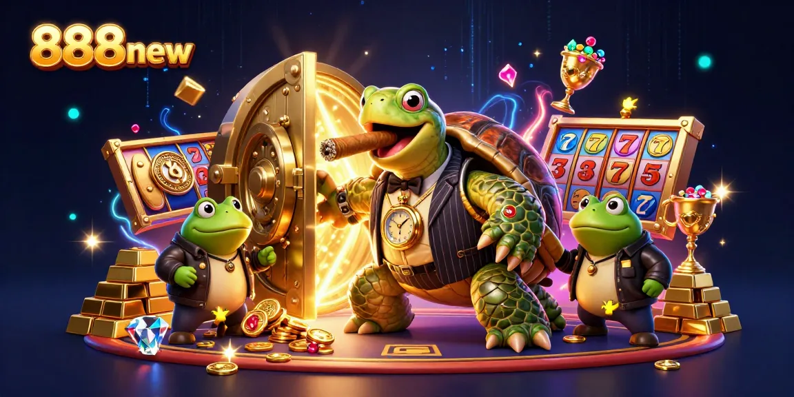 Experience the thrilling world of 888new with a snapping turtle in a casino scene, surrounded by riches and vibrant effects.