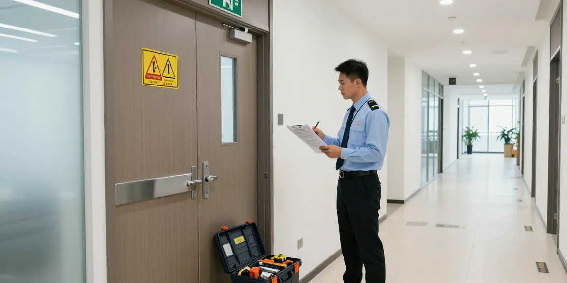 Inspector verifying safety compliance of an exit door in a commercial building environment.