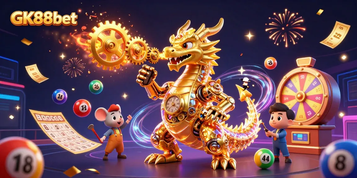 Join the excitement in GK88bet's dynamic gaming world with vibrant lottery elements and a biomechanical dragon.