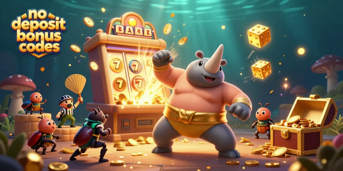 No deposit bonus codes featured in a vibrant 3D scene with characters and casino elements.