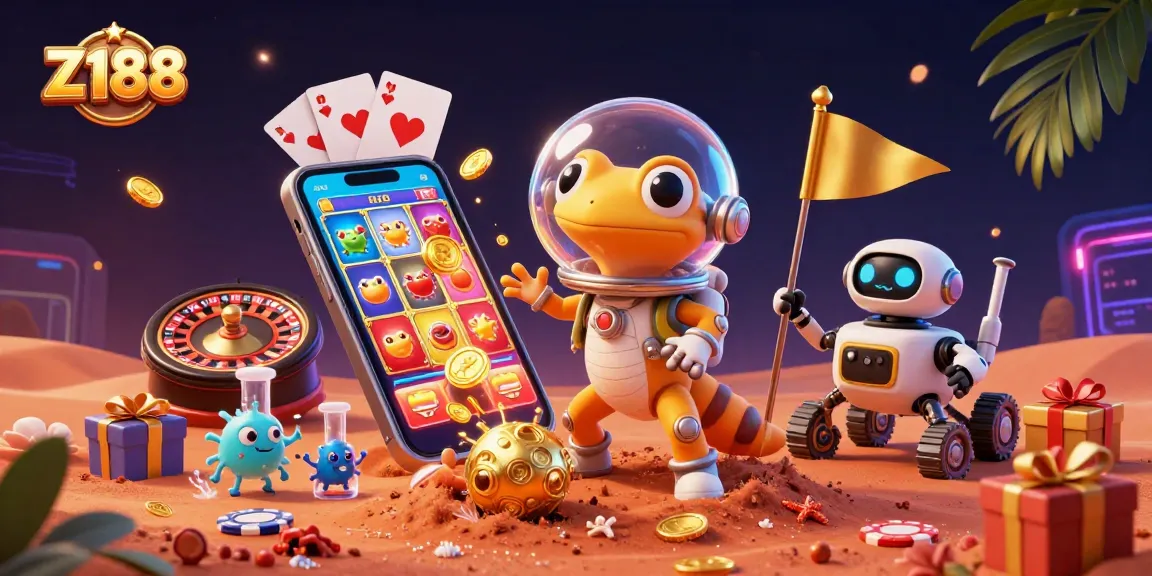Z188 casino adventure scene with Martian gecko and slot games in vibrant colors