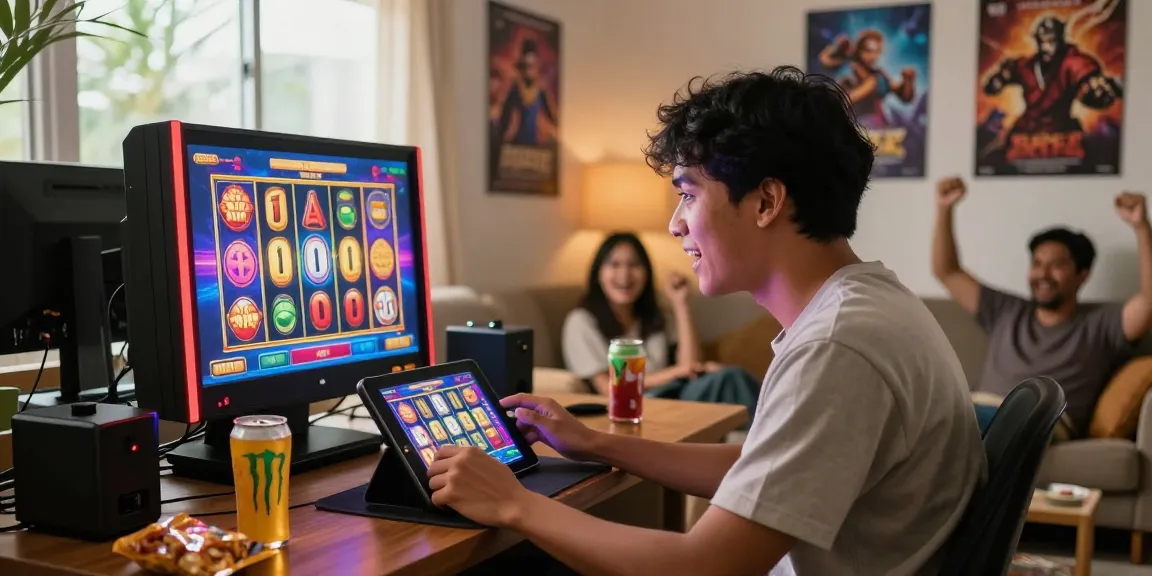Pengguna Slot online bersemangat saat bermain mesin slot di tablet, suasana nyaman dengan makanan ringan dan minuman.