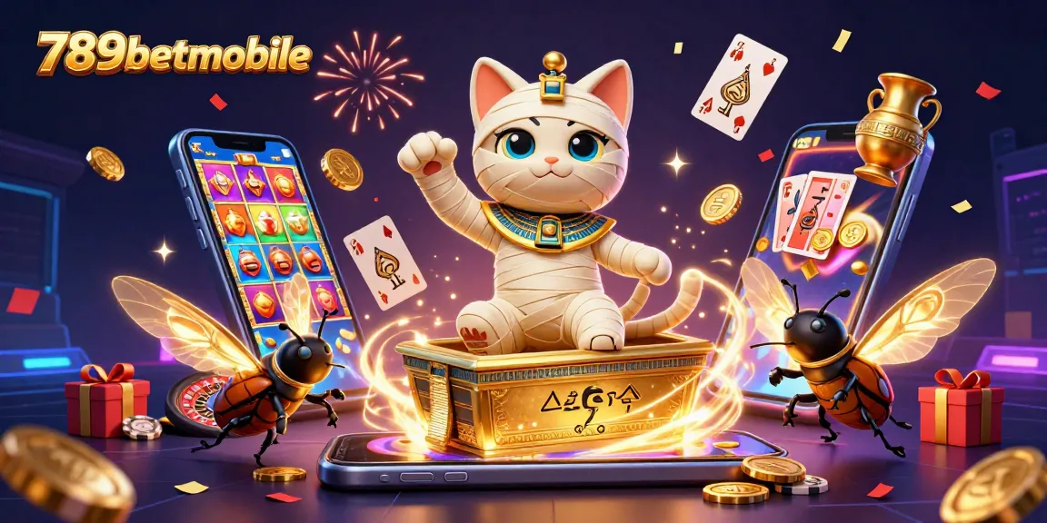 Experience thrilling adventures with 789betmobile as the mummy cat and scarab beetle explore a vibrant online casino.