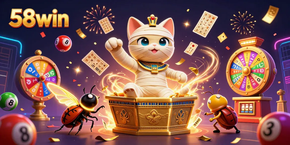 Engage with 58win's thrilling games as the Egyptian mummy cat bursts through a casino sarcophagus!