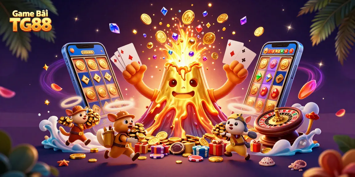 Experience thrilling gameplay with Game Bài TG88, featuring colorful slots, poker, and treasure bursts.