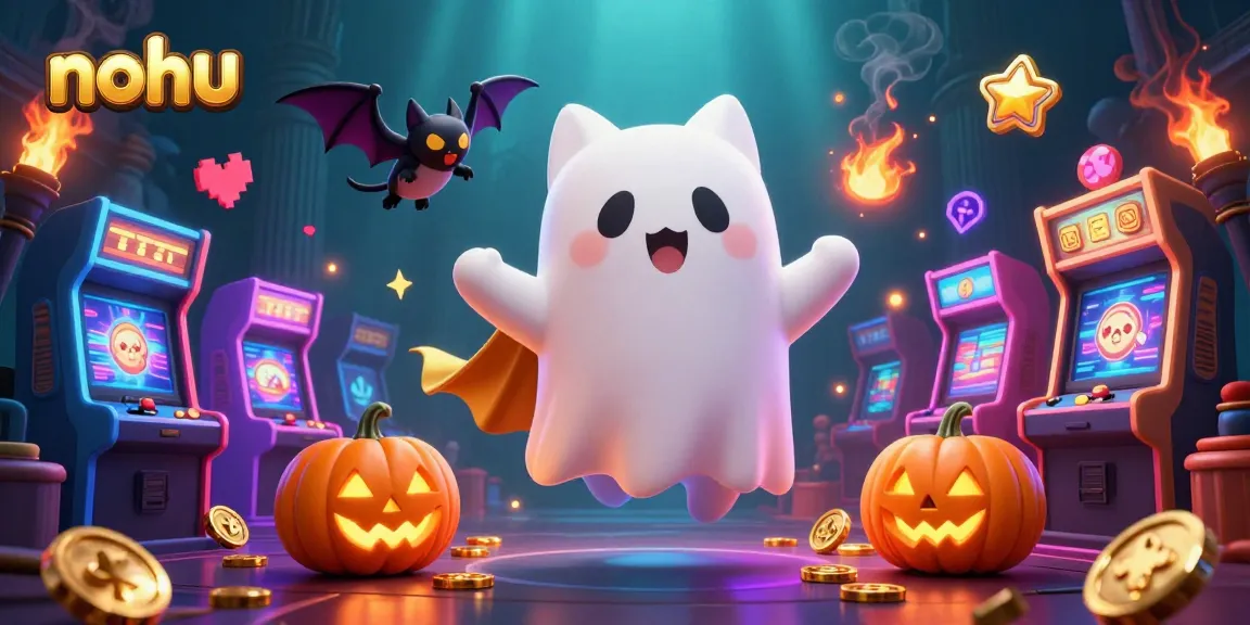 Experience nohu's thrilling slots in a vibrant haunted casino with ghostly characters and glowing treasures.