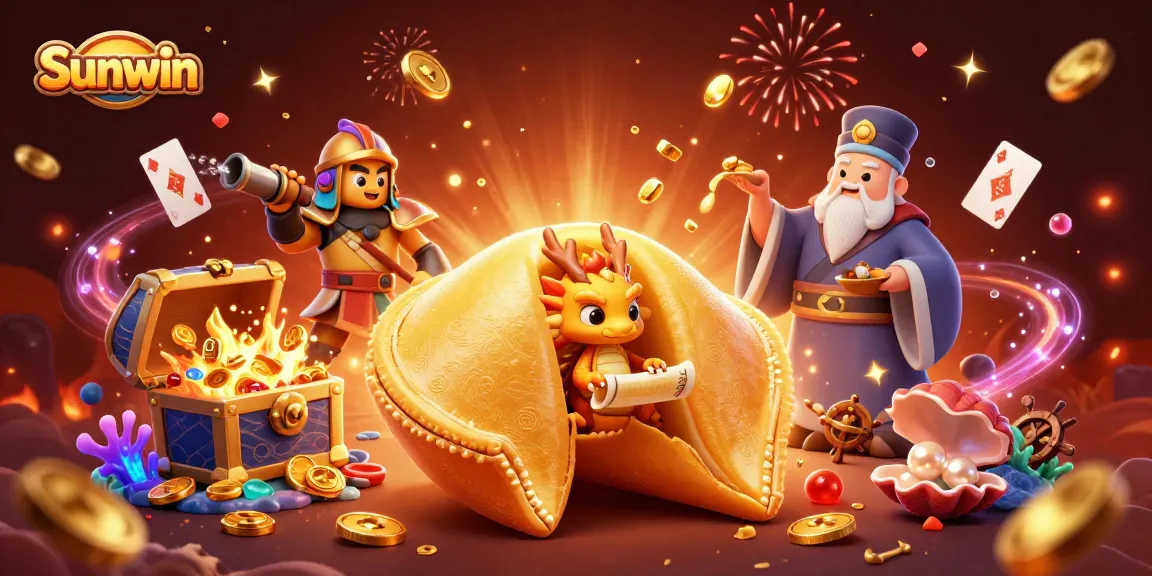 Win big with Sunwin in this vibrant 3D illustration of a fortune cookie adventure, filled with golden treasures.
