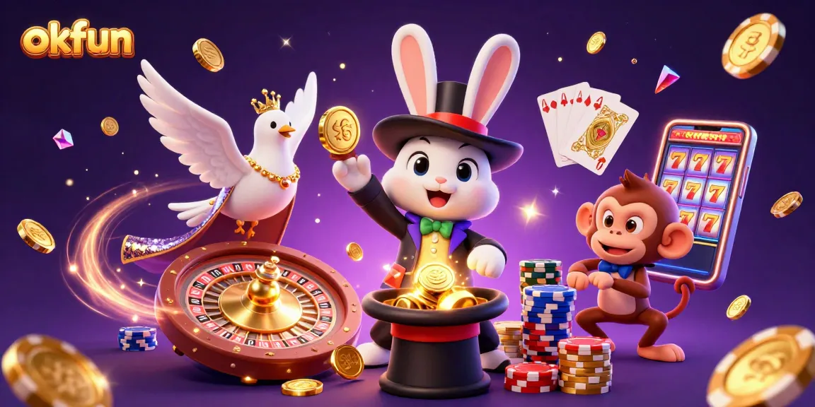 Engage in thrilling gaming experiences at okfun with a magician rabbit conjuring coins and vibrant casino elements.
