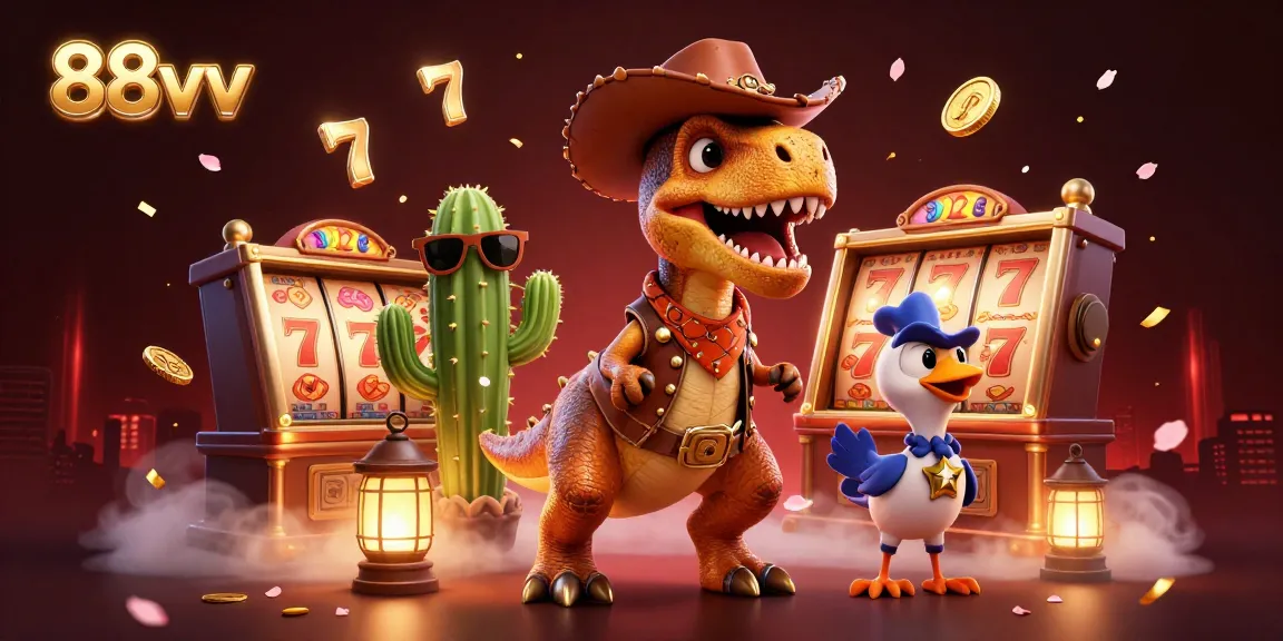 Engage with 88vv's vibrant casino scene, featuring a T-Rex, cactus sidekick, and slot reels.