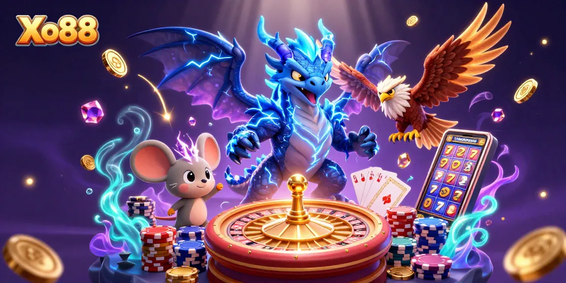 Xo88 showcases an energetic casino scene with a thunder dragon, wind hawk, and jackpot elements.