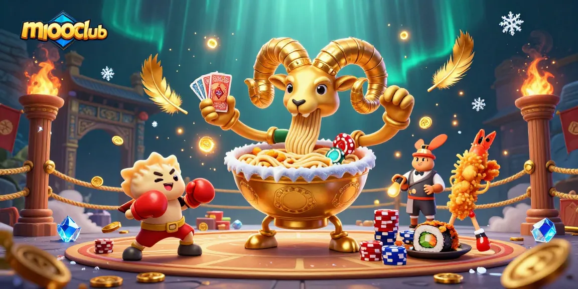 Engage in vibrant mmooclub action featuring a giant ramen bowl and playful sushi characters.