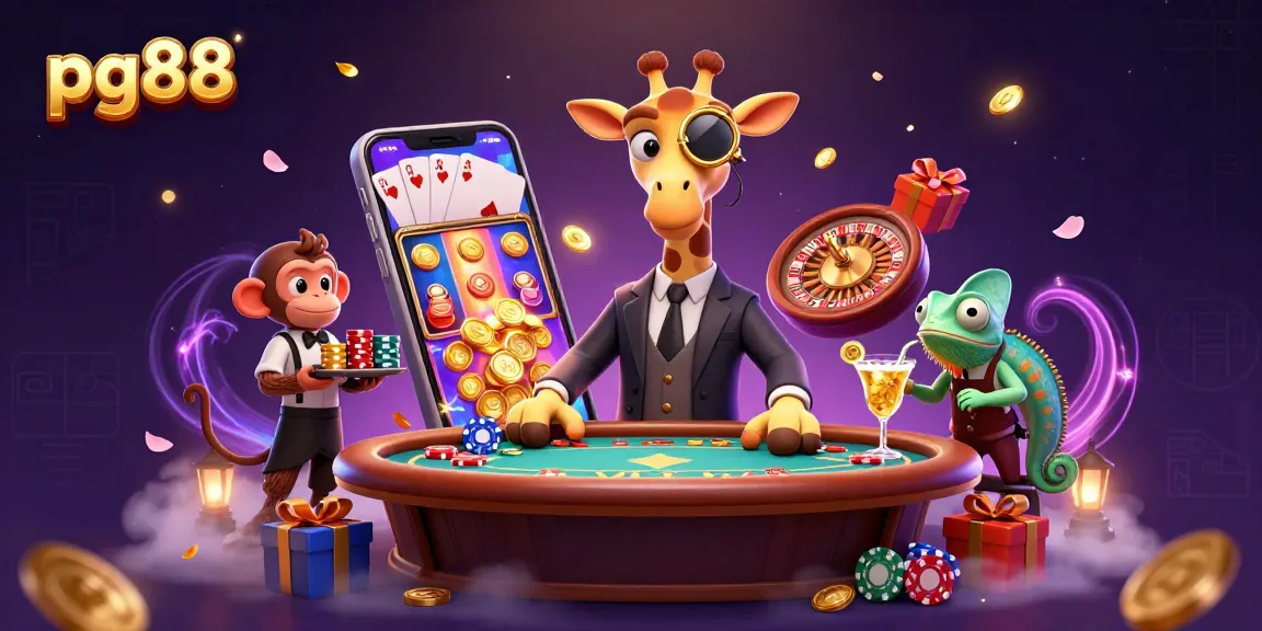 Experience the excitement of pg88 with a whimsical giraffe and sidekicks in a vibrant casino scene