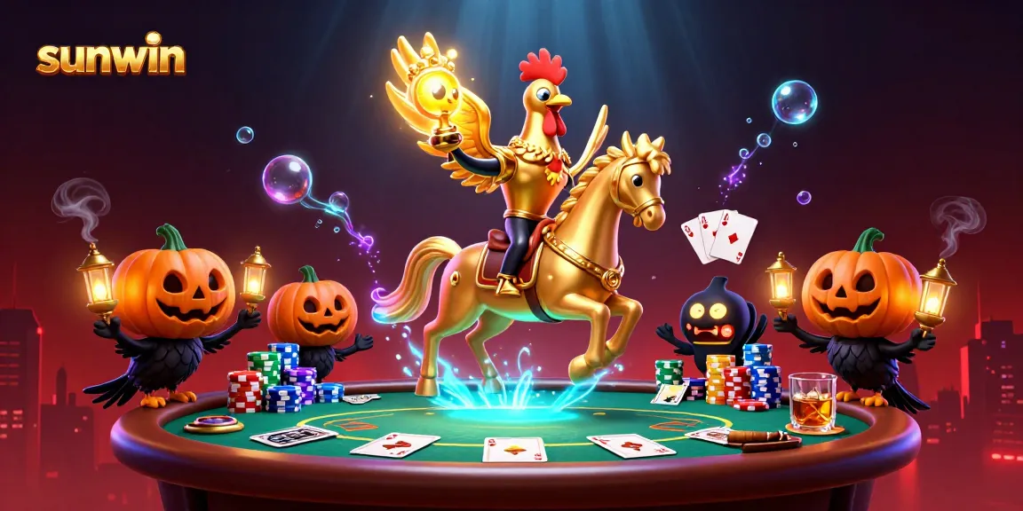 sunwin casino illustration featuring a golden rooster and poker elements with vibrant details