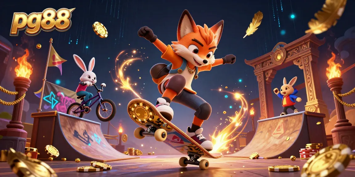 pg88 showcases an energetic scene with a skateboarder fox and BMX rabbit amidst captivating casino elements.