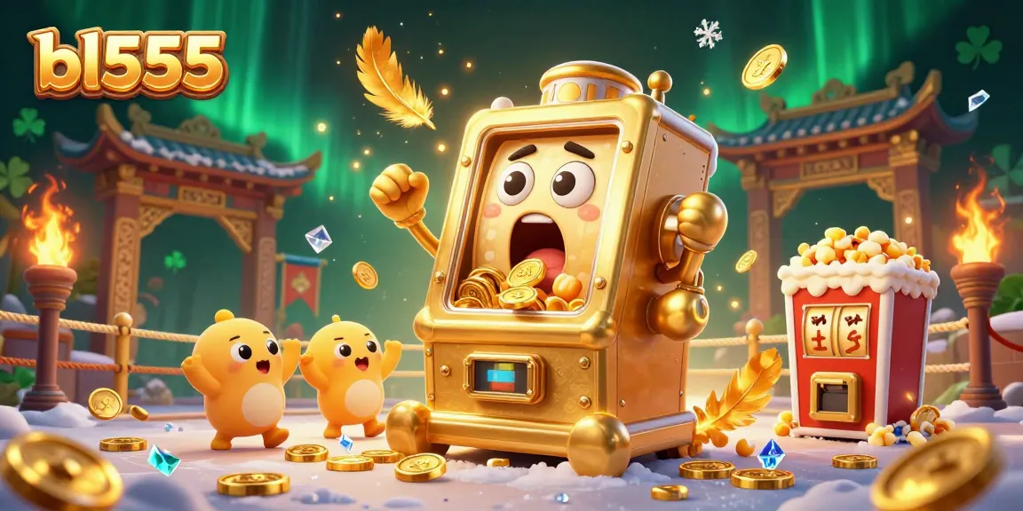 Experience the thrilling bl555 slots with a dynamic scene of a golden slot machine hitting jackpots amidst cheering machines and vibrant casino effects.