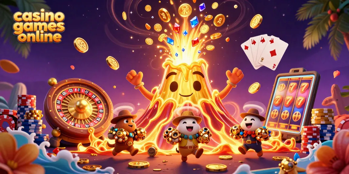 Experience casino games online with an engaging illustration of a volcano erupting treasure.
