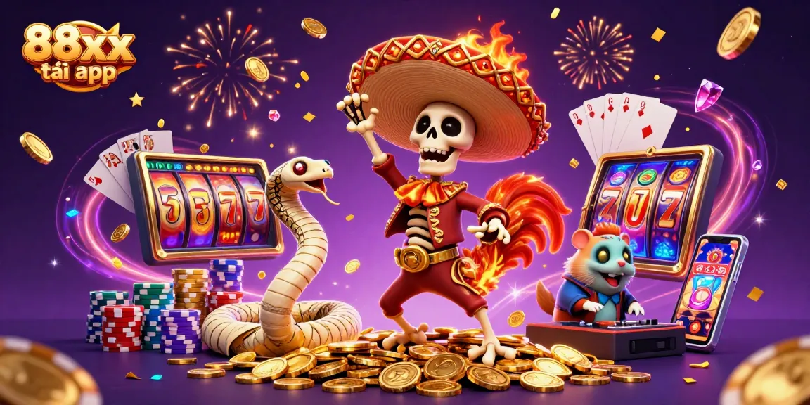 Experience excitement with 88xx tải app as a 3D mariachi rooster celebrates win amidst golden slot machines.