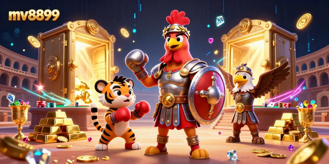 Experience excitement with mv8899's poker-themed 3D illustration featuring a gladiator rooster and more.
