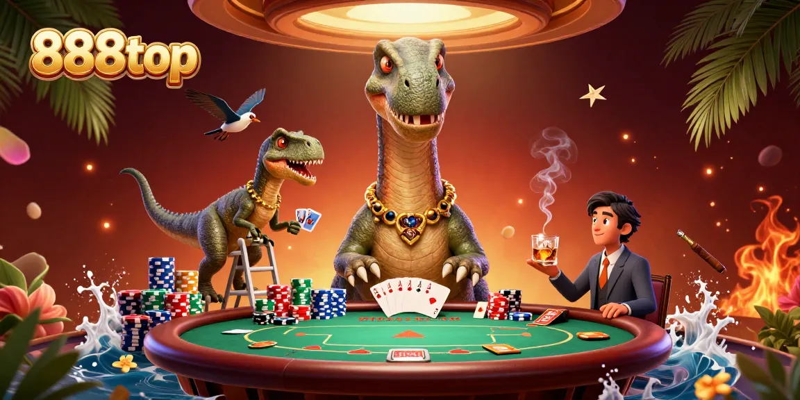 Engage with thrilling poker action at 888top's vibrant casino scene featuring a brontosaurus and clever raptor.
