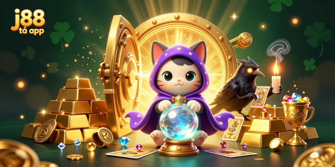 Engage with j88 tải app's mystic cat and raven in a vibrant casino scene.