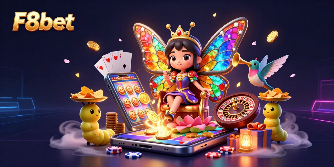 Experience the vibrant gaming world of F8bet with a whimsical illustration featuring a butterfly queen and exciting slot elements.