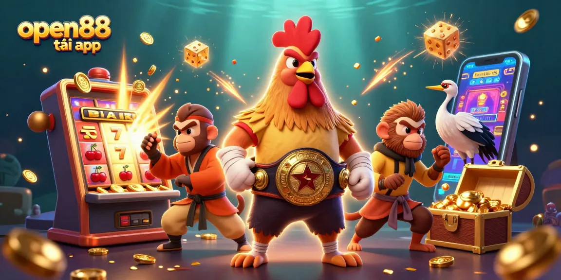 Experience the excitement of open88 tải app with dynamic characters and casino symbols in a vibrant scene.