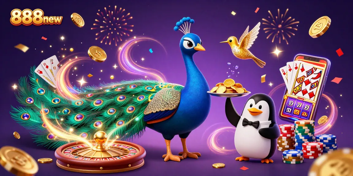 Engage with 888new's vibrant casino scene featuring a majestic peacock and golden slots.