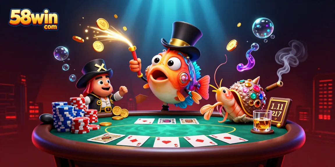 Engage with 58win com as the anglerfish attracts coins at a vibrant casino scene.