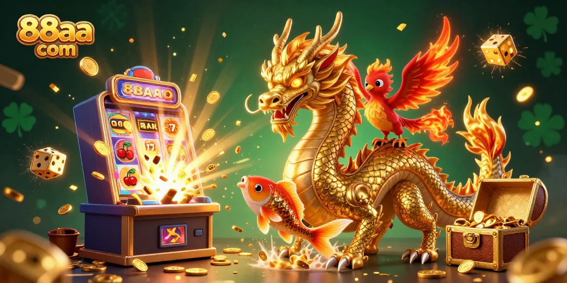 Experience winning thrills at 88aa com, showcasing a dynamic casino scene with dragons and coins.